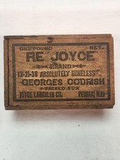 Vintage 1936 RE JOYCE Georges Codfish Wooden Box Crate Joyce Laughlin Co Peoria picture