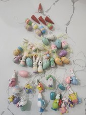 Vintage Easter Spring Ornaments. Wood Eggs, Miniature Bunnies Painted In Pastels picture