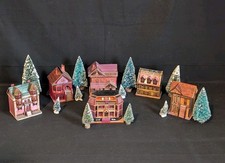 6 Vtg Wheat Straw Balsa Wood Marquetry House Trinket Boxes & Bottle Brush Trees picture