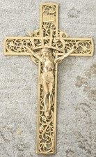 Vintage Brass Tone IHS Wall Crucifix Ornate Gothic Catholic Jesus Cross Hanging picture