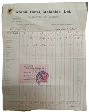1913 Grand Hotel Malahide Dublin Ireland Billhead Stamp KGV Receipt Pigot Family picture