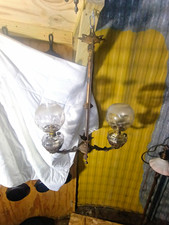 Rare Antique Victorian 2 Light Hanging Angle Lamp Etched Acid Cut Glass Globes picture