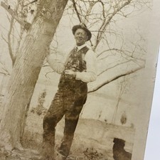 Vtg Early 1900s Uncle Charles Man Dog Tree Snapshot Photo Sepia 4x6 Original picture