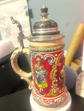 Handarbeit German Lidded Beer Stein Mug Ceramic Hinged Metal Lid Breweriana picture