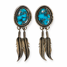 Vintage Sterling Silver Turquoise Oval Feather Dangle Earrings -Stamped STERLING picture