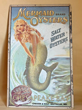 Vintage 90's Tin Sign Mermaid Oysters Chesapeake Bay Maryland Beach Coast Decor picture