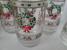 Vintage Indiana Glass Victorian Christmas Wreath Bow Tumblers Glasses Set of 4 picture
