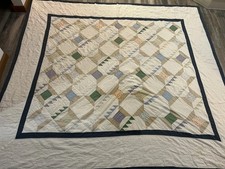 Vtg 1930s - 50s Spool Quilt Hand Stitch Scrappy Feed Sack Bowtie Patchwork 84x93 picture