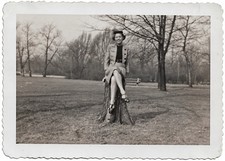 PRETTY BLACK GIRL Vintage Old Photo African American Woman Sitting on Tree Stump picture