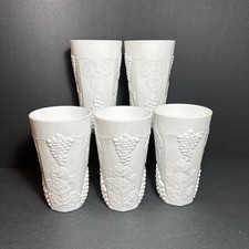 MCM Indiana Colony Milk Glass 12 oz. Tumblers Harvest Grape 6” Set of 5 Vintage picture