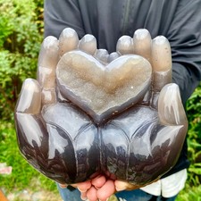 3.6LB  Natural Druzy Agate Hand Holding Heart Carving Geode Crystal Love Reik picture