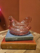 Longaberger Glass Hen On Nest Pink Vintage Cranberry Pink  picture