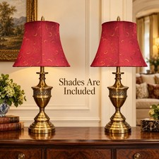 Vintage Brass Urn Table Lamps Pair with Burgundy Embroidered Silk Shades picture
