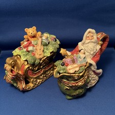 Vtg Fitz & Floyd Florentine Christmas Sugar & Creamer Set Santa Sleigh 5x6” READ picture