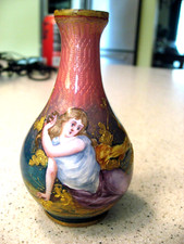 Antique French Enamel over Bronze Hand Painted Renaissance Woman Miniature Vase picture