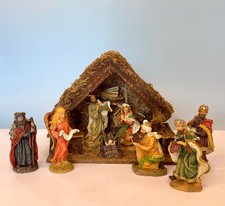 Vintage K's Collection Jeweled Nativity Set 9 Figurines & Moss Wood Stable picture