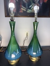 1960s Royal Haeger MCM Ceramic Drip Pair Genie Lamp Onion Shape Green And Blue picture