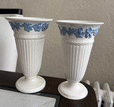 Wedgwood of Etruria & Barlaston Embossed Queens Ware White & Blue Vase Lot Of 2 picture