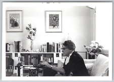 Vtg B&W Snapshot Older Woman Glasses Smoking Cigarette Living Room Bookshelf picture