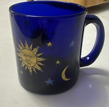 Libbey Vintage Cobalt Blue Glass Celestial Mug Friends Sun Moon Stars 90's picture