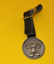 Vintage Mickey Mouse Pewter Pocket Watch Fob Black Leather Strap Disney GVC picture
