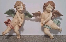 Set of 2 Vtg Chalkware Cherub Angels Wall Hangings Home Interior picture