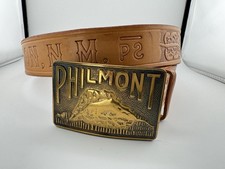 Vintage Philmont Belt Buckle Leather Stamped Boy Scouts Brass Embossed Belt 36 picture