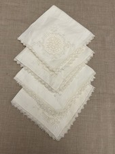 Gorgeous White Linen napkins delicately Embroidered Lace Trim Vintage set of 4 picture