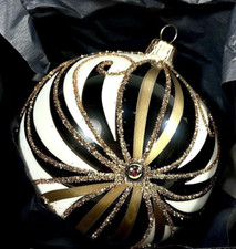 Vitbis Poland Handpainted Christmas Ornament Glass Black White Gold w/ Box picture