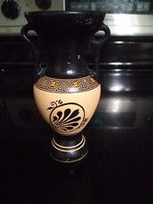 Vintage Greek Hand-painted To Ring Handles Urn Vase Jug Clay Pottery picture