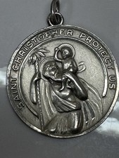 Vintage STERLING  Saint St. Christopher Medal  Pendant Protect Us 925 picture