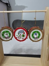 Vintage Wood/Plastic Drums Set Of 3 Train Snowman Clown Ornaments Made in Taiwan picture