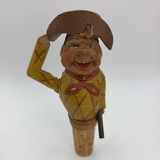Vintage Hand Carved Wooden Cowboy Bottle Stopper Folk Art Western Cork picture