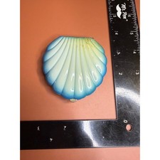 Vintage Elgin Seashell Compact Blue Enamel Ombre Clamshell Rouge Powder Puff picture