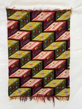 Vtg Handwoven Wool Rug Optical Illusion Geometric Cubes Tapestry Folk Art picture