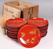 Japanese Antique Red Urushi Sake Cup Set of 20 Gold Makie Pine Bamboo Plum Boxed picture