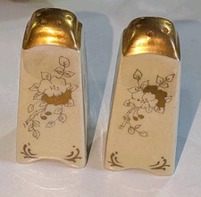 Vtg Floral Ceramic Salt and Pepper Shakers 22K Gold Top Trim Cork Stopper Set picture