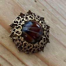 West Germany Vintage Unsigned Art Glass Brooch Small Gold Tone Border picture