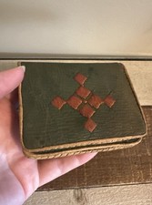 Vintage Green Leather Wallet Make Up Compact Holder With Mirror Stitched 3.75” picture