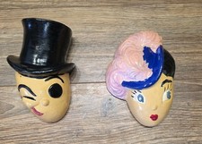 (2) Vintage Roaring 20's Chalkware Wall Hangings Winking Top Hat Man And Lady picture