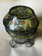 Vintage Bohemian Green Enamel Painted Glass Trinket/Vanity Box. Unique Shape,Art picture