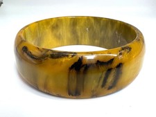 Vintage Marbled Bakelite Style Wide Bangle Bracelet Mustard Yellow Black Swirl picture