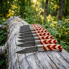 SET OF 15 PCS, DAMASCUS FOLDING HANDMADE EDC KNIVES & BLUE WOOD HANDLE & SHEATHS picture