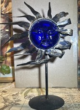 NaturalWonders Vtg90’s Celestial Sun BlueColbalt Glass Metal Candle Holder 12.5” picture
