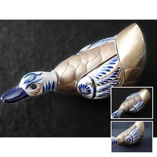 Vintage Tonala Style Mexican Brass Ceramic Duck Figurine Hand Painted Blue 7