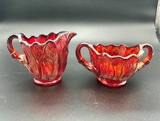 Vintage Indiana Carnival Glass Sunset Red Orange Leaf Creamer Sugar Bowl Set picture