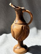 Vintage Olive Wood Carved Pitcher Vase 5.5 Inch Mid Century Folk Art Accen picture