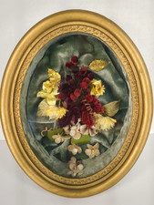 Vintage Fabric Flowers Floral Art Gold Oval Frame Flat Glass Hanging Victorian picture