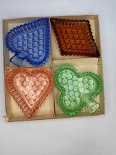 Vintage Bohemian Czech Glass Diamond Cut Dish Ashtray Set Poker Bridge Game NIB picture