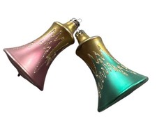 Vintage West Germany Satin Glass Bell Ornaments Purple & Teal & Gold MCM Pair picture